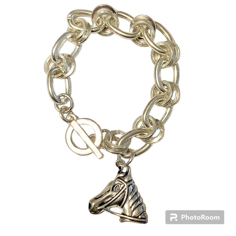 Vintage Horse Charm Bracelet Silver Plated Link Country Western Cowgirl 7.5"
